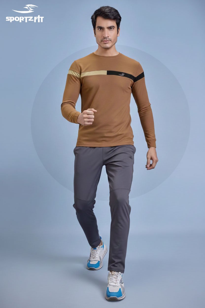 Men Round Neck Full Sleeve T-Shirt - Brown | L | SBT61